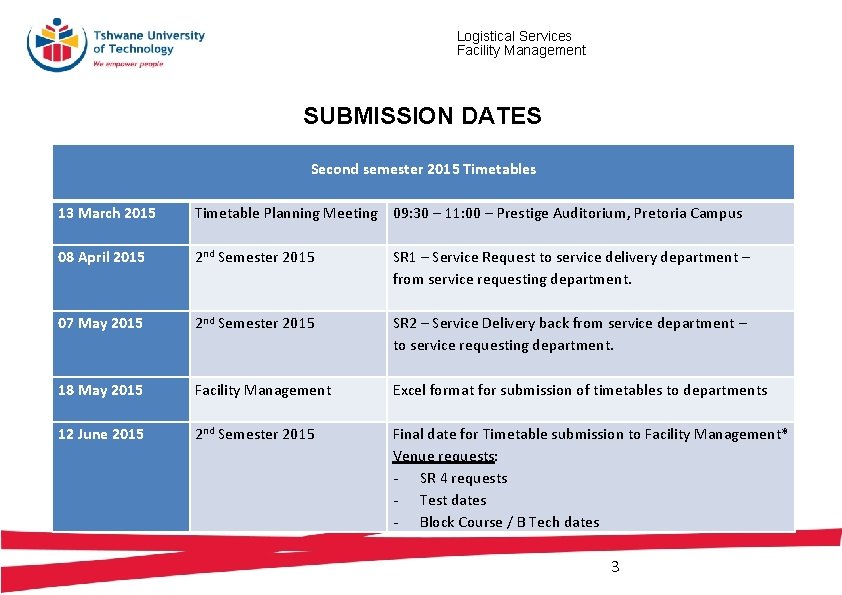 Logistical Services Facility Management SUBMISSION DATES Second semester 2015 Timetables 13 March 2015 Timetable