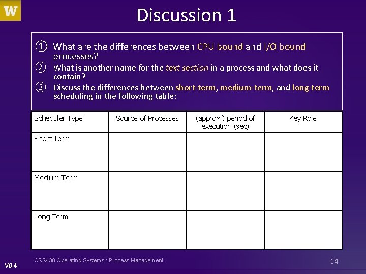 Discussion 1 ① What are the differences between CPU bound and I/O bound processes?