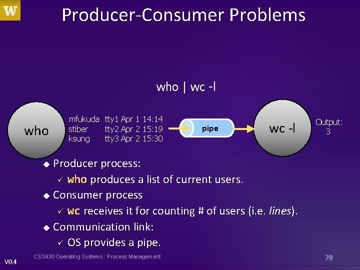 Producer-Consumer Problems who | wc -l who mfukuda tty 1 Apr 1 14: 14