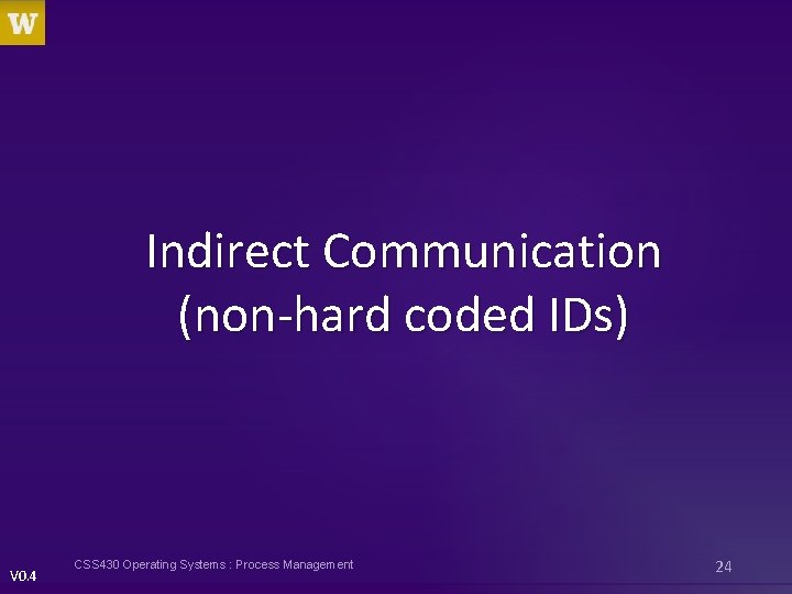 Indirect Communication (non-hard coded IDs) V 0. 4 CSS 430 Operating Systems : Process