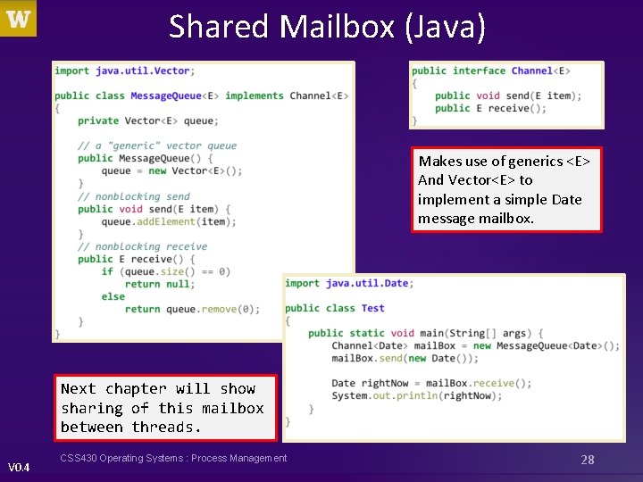 Shared Mailbox (Java) Makes use of generics <E> And Vector<E> to implement a simple