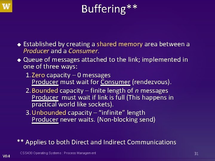 Buffering** Established by creating a shared memory area between a Producer and a Consumer.