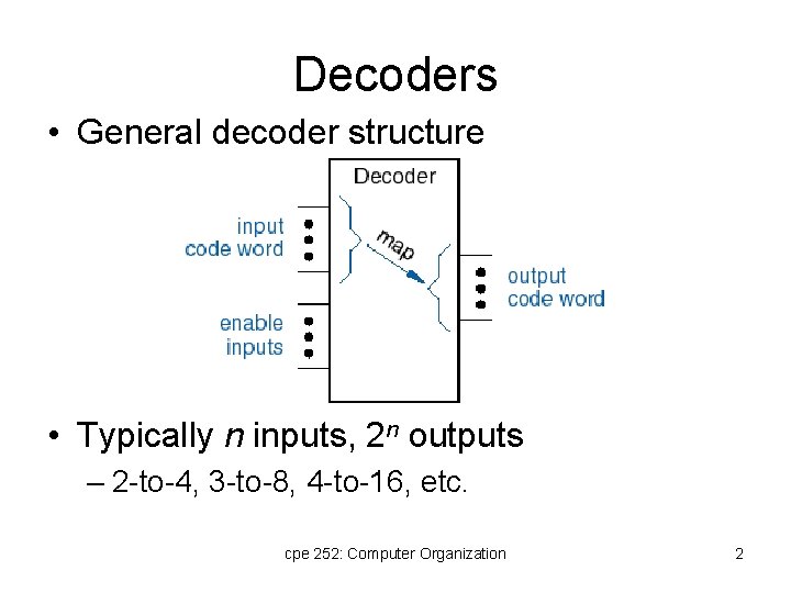 Decoders • General decoder structure • Typically n inputs, 2 n outputs – 2