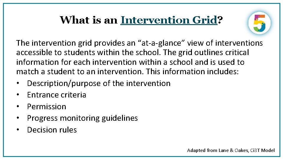 What is an Intervention Grid? The intervention grid provides an “at-a-glance” view of interventions