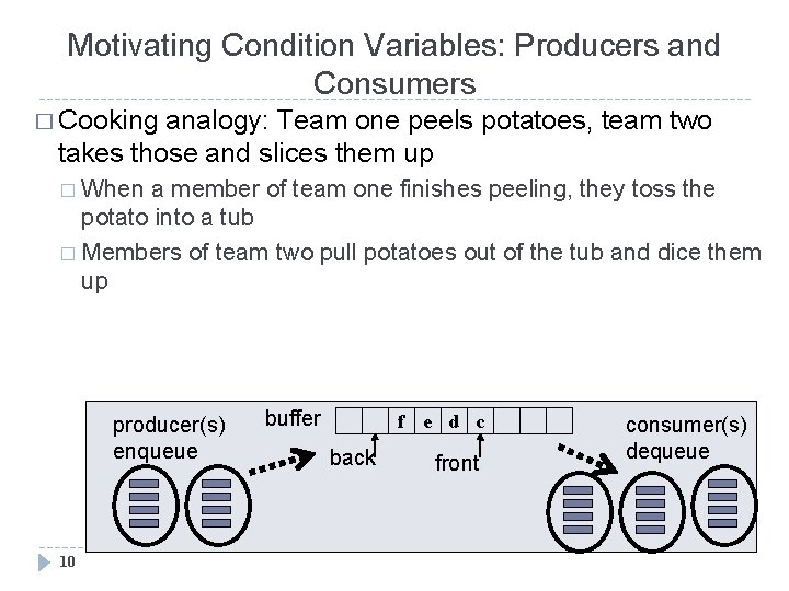 Motivating Condition Variables: Producers and Consumers � Cooking analogy: Team one peels potatoes, team