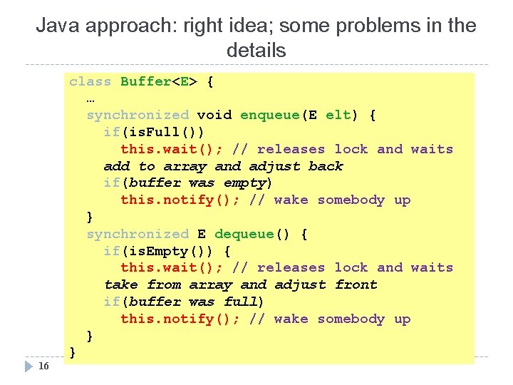 Java approach: right idea; some problems in the details 16 class Buffer<E> { …