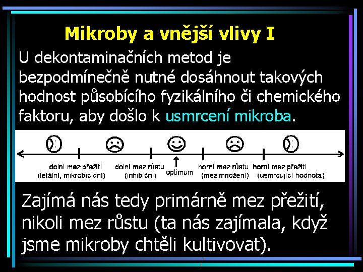 Mikroby a vnější vlivy I U dekontaminačních metod je bezpodmínečně nutné dosáhnout takových hodnost