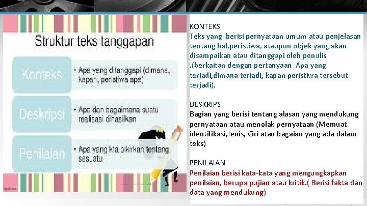KONTEKS Teks yang berisi pernyataan umum atau penjelasan tentang hal, peristiwa, ataupun objek yang KONTEKS Teks yang berisi pernyataan umum atau penjelasan tentang hal, peristiwa, ataupun objek yang