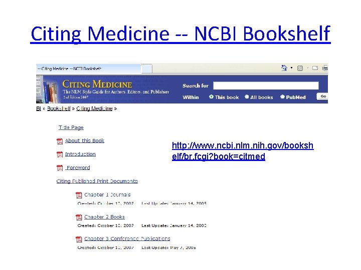 Citing Medicine -- NCBI Bookshelf http: //www. ncbi. nlm. nih. gov/booksh elf/br. fcgi? book=citmed