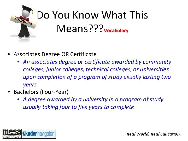 Do You Know What This Means? ? ? Vocabulary • Associates Degree OR Certificate