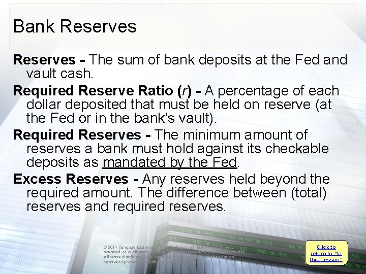 Bank Reserves - The sum of bank deposits at the Fed and vault cash.