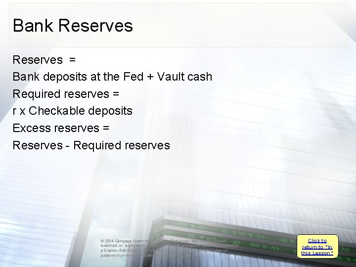 Bank Reserves = Bank deposits at the Fed + Vault cash Required reserves =