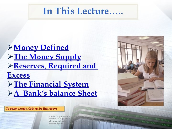In This Lecture…. . ØMoney Defined ØThe Money Supply ØReserves, Required and Excess ØThe