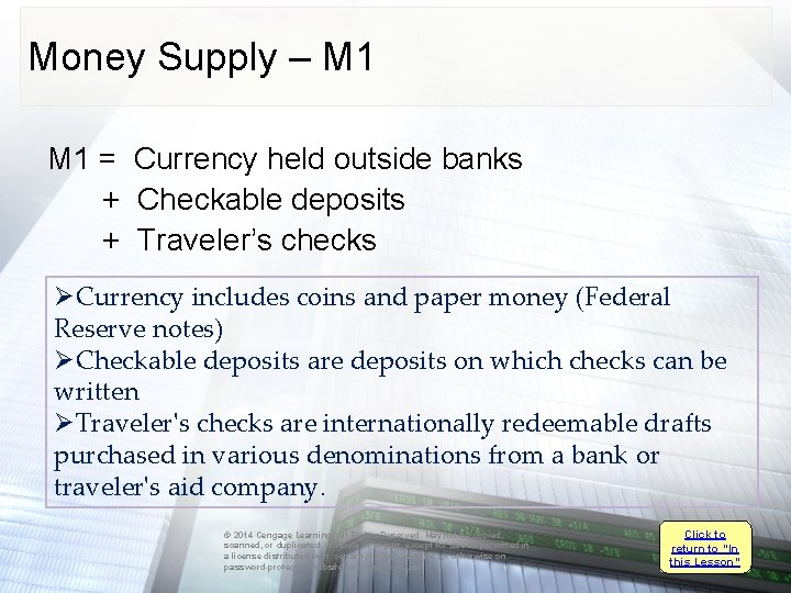 Money Supply – M 1 = Currency held outside banks + Checkable deposits +