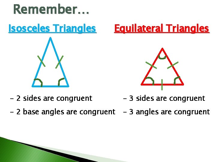 Remember… Isosceles Triangles Equilateral Triangles - 2 sides are congruent - 3 sides are