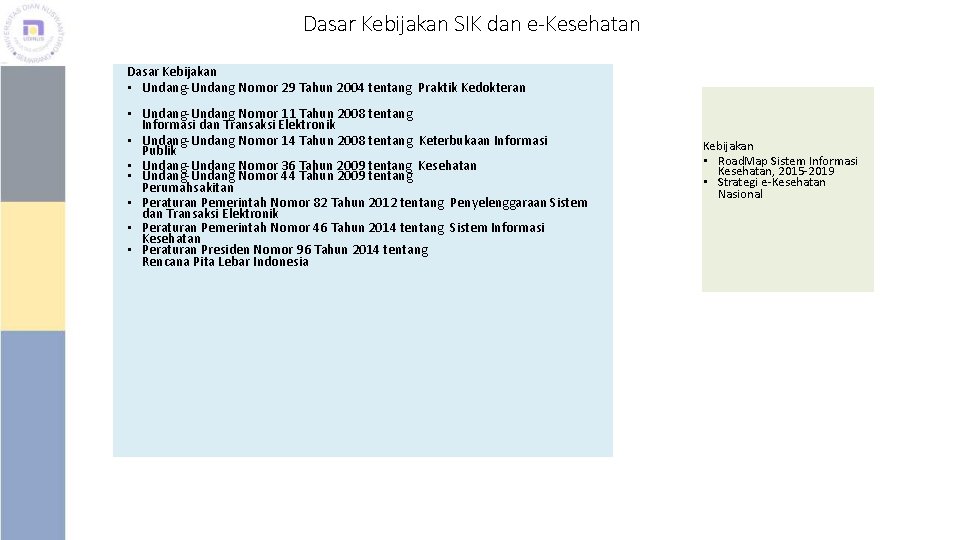 Dasar Kebijakan SIK dan e-Kesehatan Dasar Kebijakan • Undang-Undang Nomor 29 Tahun 2004 tentang