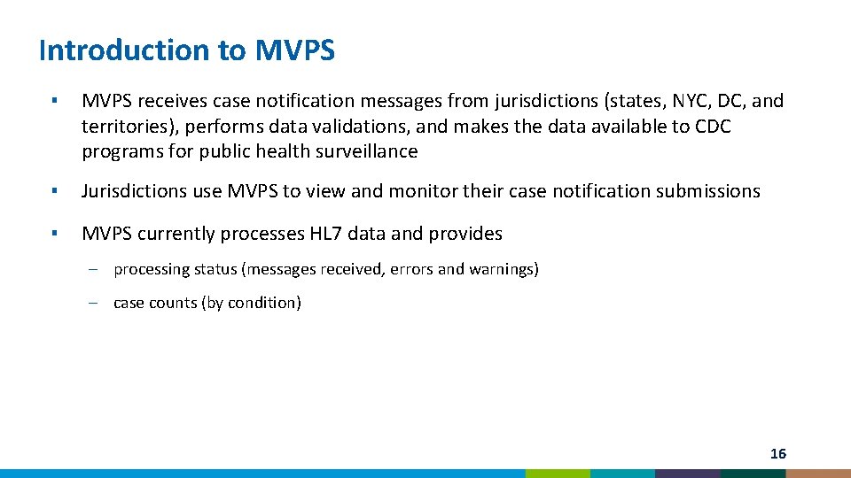 Introduction to MVPS ▪ MVPS receives case notification messages from jurisdictions (states, NYC, DC,