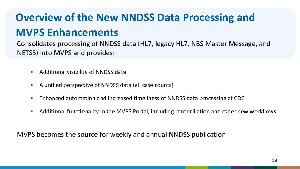 Overview of the New NNDSS Data Processing and MVPS Enhancements Processing Consolidates processing of