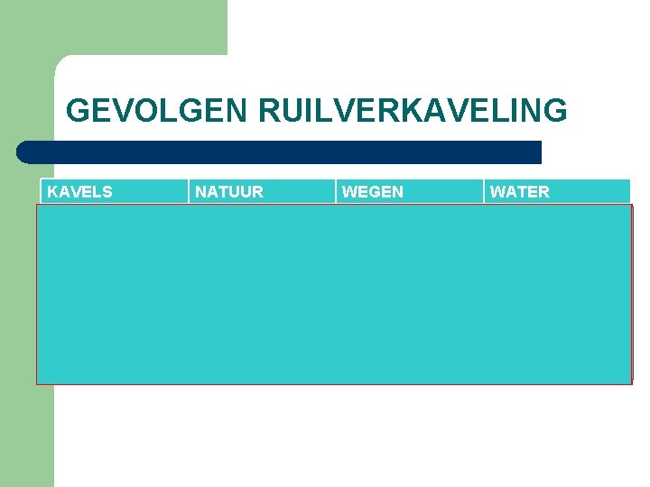 GEVOLGEN RUILVERKAVELING KAVELS NATUUR WEGEN WATER GROTERE KAVELS MINDER NATUUR MINDER WEGEN BEKEN ZIJN