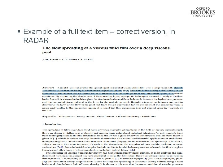 § Example of a full text item – correct version, in RADAR 