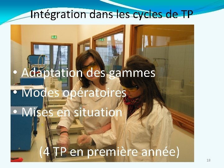 Intégration dans les cycles de TP • Adaptation des gammes • Modes opératoires •