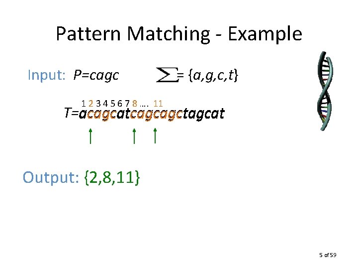 Pattern Matching - Example Input: P=cagc = {a, g, c, t} 1 2 3