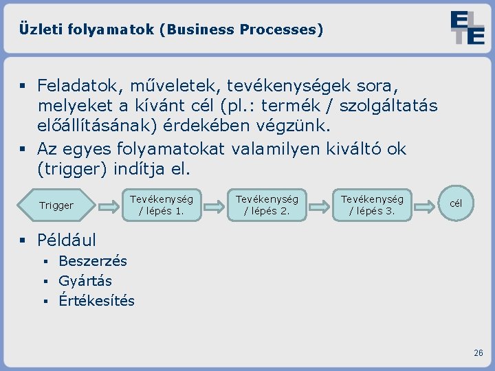 Üzleti folyamatok (Business Processes) Feladatok, műveletek, tevékenységek sora, melyeket a kívánt cél (pl. :