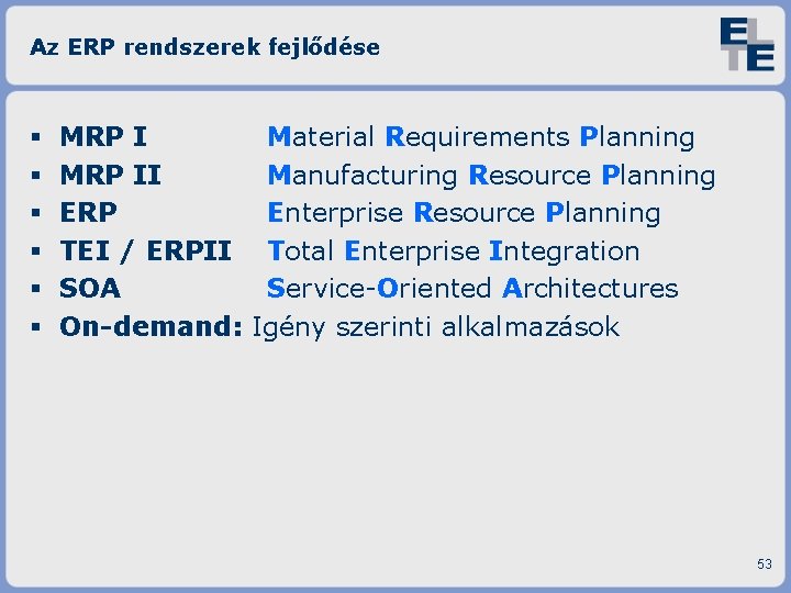 Az ERP rendszerek fejlődése MRP II ERP TEI / ERPII SOA On-demand: Material Requirements