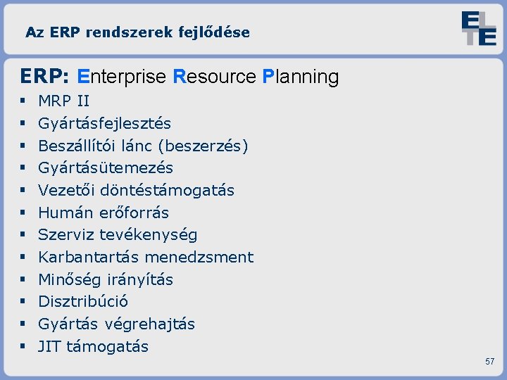 Az ERP rendszerek fejlődése ERP: Enterprise Resource Planning MRP II Gyártásfejlesztés Beszállítói lánc (beszerzés)