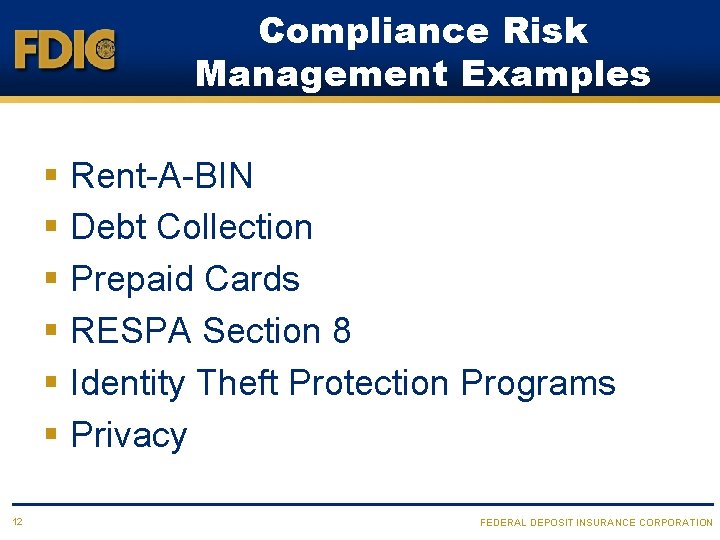 Compliance Risk Management Examples § Rent-A-BIN § Debt Collection § Prepaid Cards § RESPA