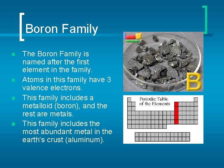 Boron Family n n The Boron Family is named after the first element in