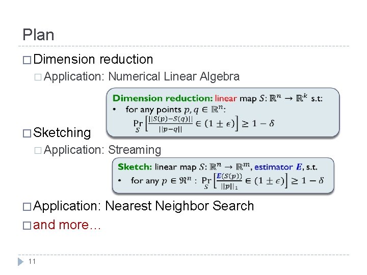 Plan � Dimension reduction � Application: Numerical Linear Algebra � Sketching � Application: � Plan � Dimension reduction � Application: Numerical Linear Algebra � Sketching � Application: �