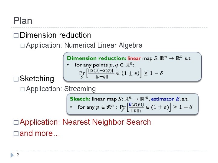 Plan � Dimension reduction � Application: Numerical Linear Algebra � Sketching � Application: � Plan � Dimension reduction � Application: Numerical Linear Algebra � Sketching � Application: �