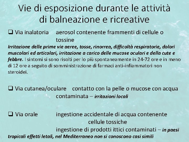 Vie di esposizione durante le attività di balneazione e ricreative q Via inalatoria aerosol