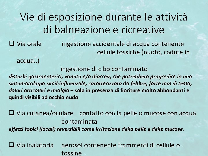 Vie di esposizione durante le attività di balneazione e ricreative q Via orale acqua.