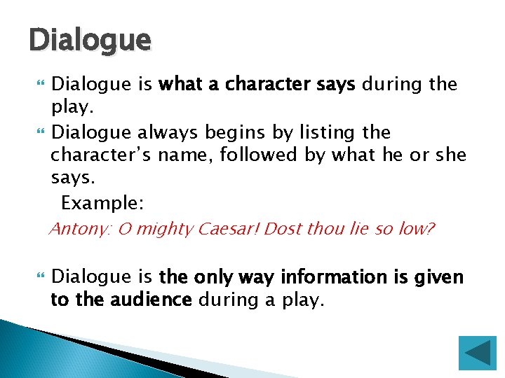 Dialogue is what a character says during the play. Dialogue always begins by listing