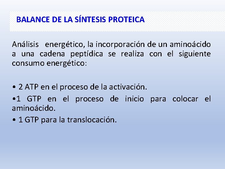 BALANCE DE LA SÍNTESIS PROTEICA Análisis energético, la incorporación de un aminoácido a una