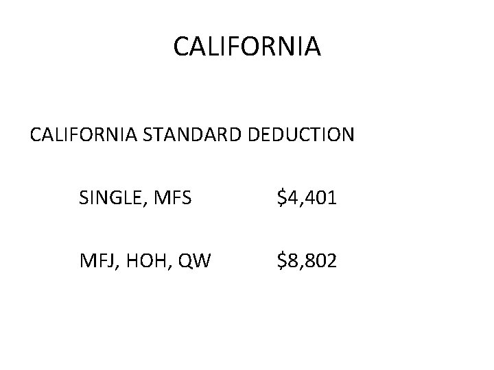 CALIFORNIA STANDARD DEDUCTION SINGLE, MFS $4, 401 MFJ, HOH, QW $8, 802 