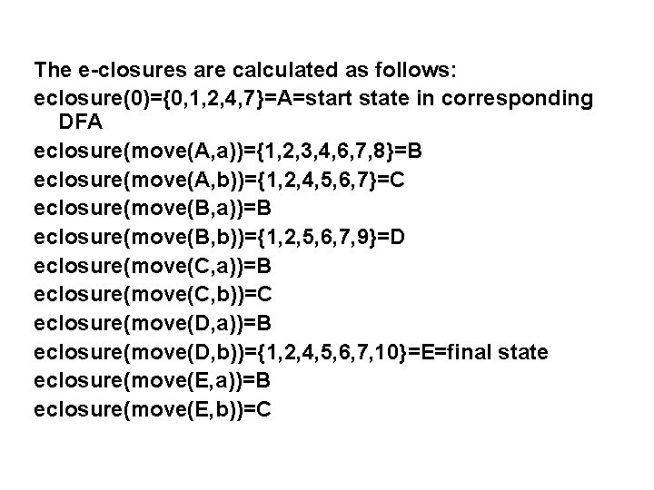 The e-closures are calculated as follows: eclosure(0)={0, 1, 2, 4, 7}=A=start state in corresponding