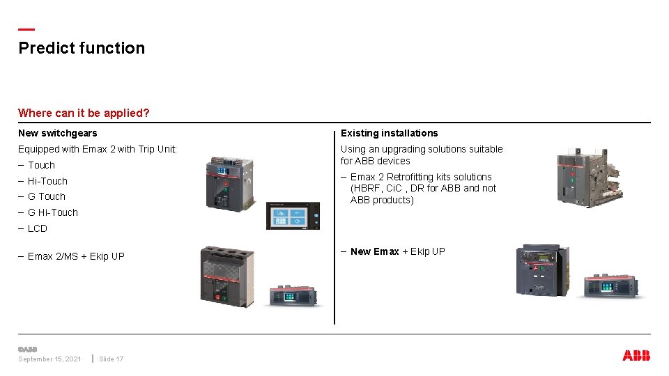 — Predict function Where can it be applied? New switchgears Existing installations Equipped with