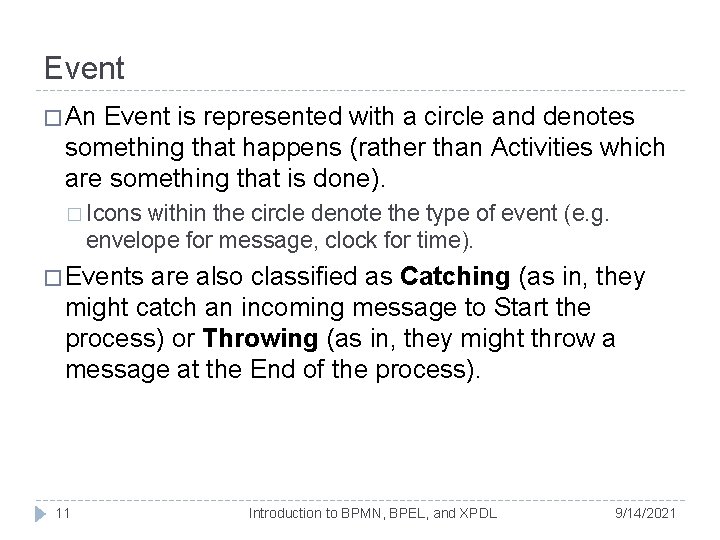 Event � An Event is represented with a circle and denotes something that happens Event � An Event is represented with a circle and denotes something that happens