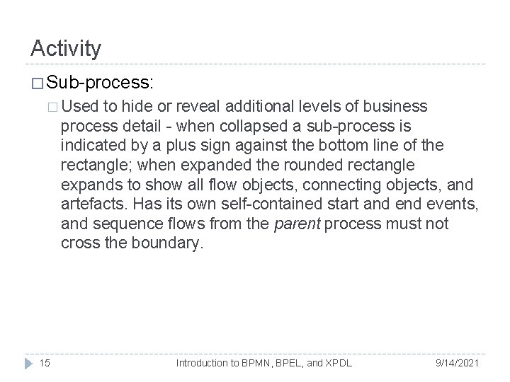 Activity � Sub-process: � Used to hide or reveal additional levels of business process Activity � Sub-process: � Used to hide or reveal additional levels of business process