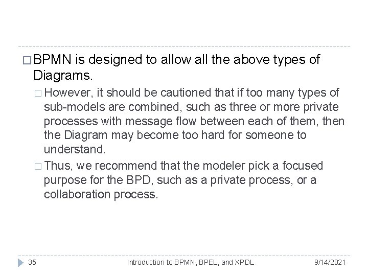 � BPMN is designed to allow all the above types of Diagrams. � However, � BPMN is designed to allow all the above types of Diagrams. � However,