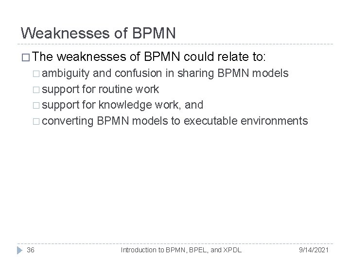 Weaknesses of BPMN � The weaknesses of BPMN could relate to: � ambiguity and Weaknesses of BPMN � The weaknesses of BPMN could relate to: � ambiguity and
