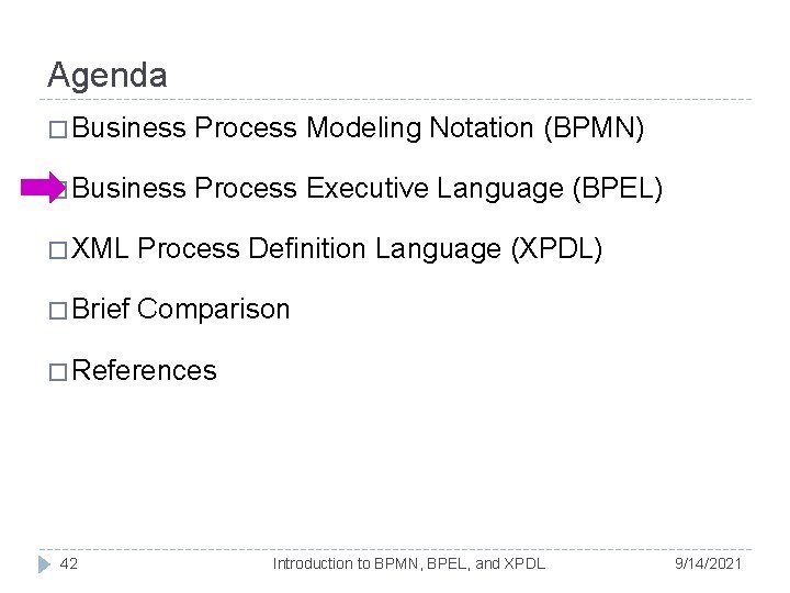 Agenda � Business Process Modeling Notation (BPMN) � Business Process Executive Language (BPEL) � Agenda � Business Process Modeling Notation (BPMN) � Business Process Executive Language (BPEL) �