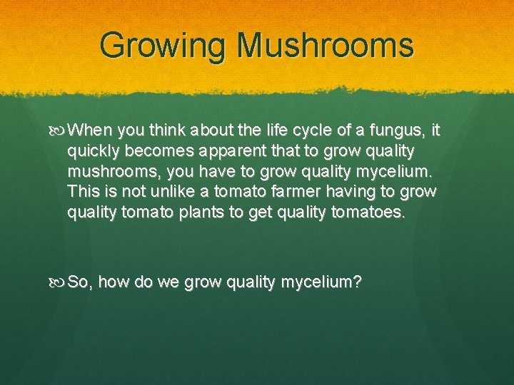 Growing Mushrooms When you think about the life cycle of a fungus, it quickly
