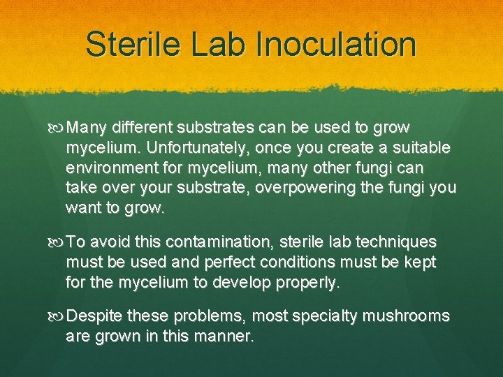 Sterile Lab Inoculation Many different substrates can be used to grow mycelium. Unfortunately, once