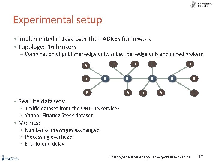 Experimental setup • Implemented in Java over the PADRES framework • Topology: 16 brokers