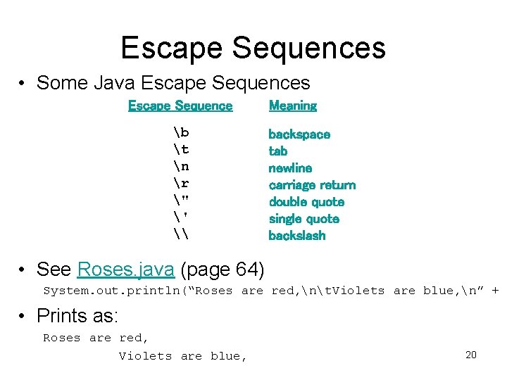 Escape Sequences • Some Java Escape Sequences Escape Sequence b t n r "