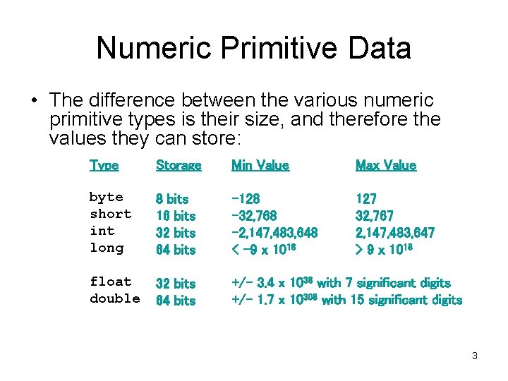 Numeric Primitive Data • The difference between the various numeric primitive types is their